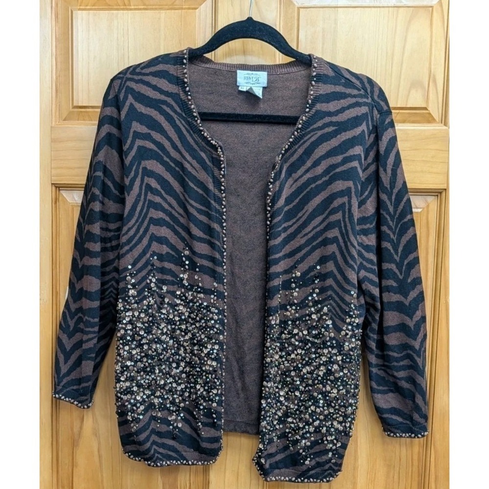 Just Be Women's XL Sweater Cardigan Open Front Beaded Sequin Holiday Zebra Print